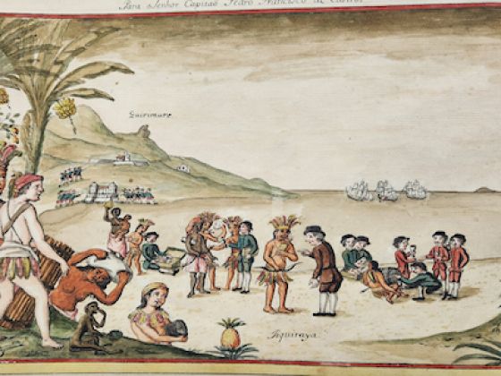 A painting of people in the desert.