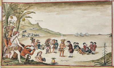 A painting of people in the desert.